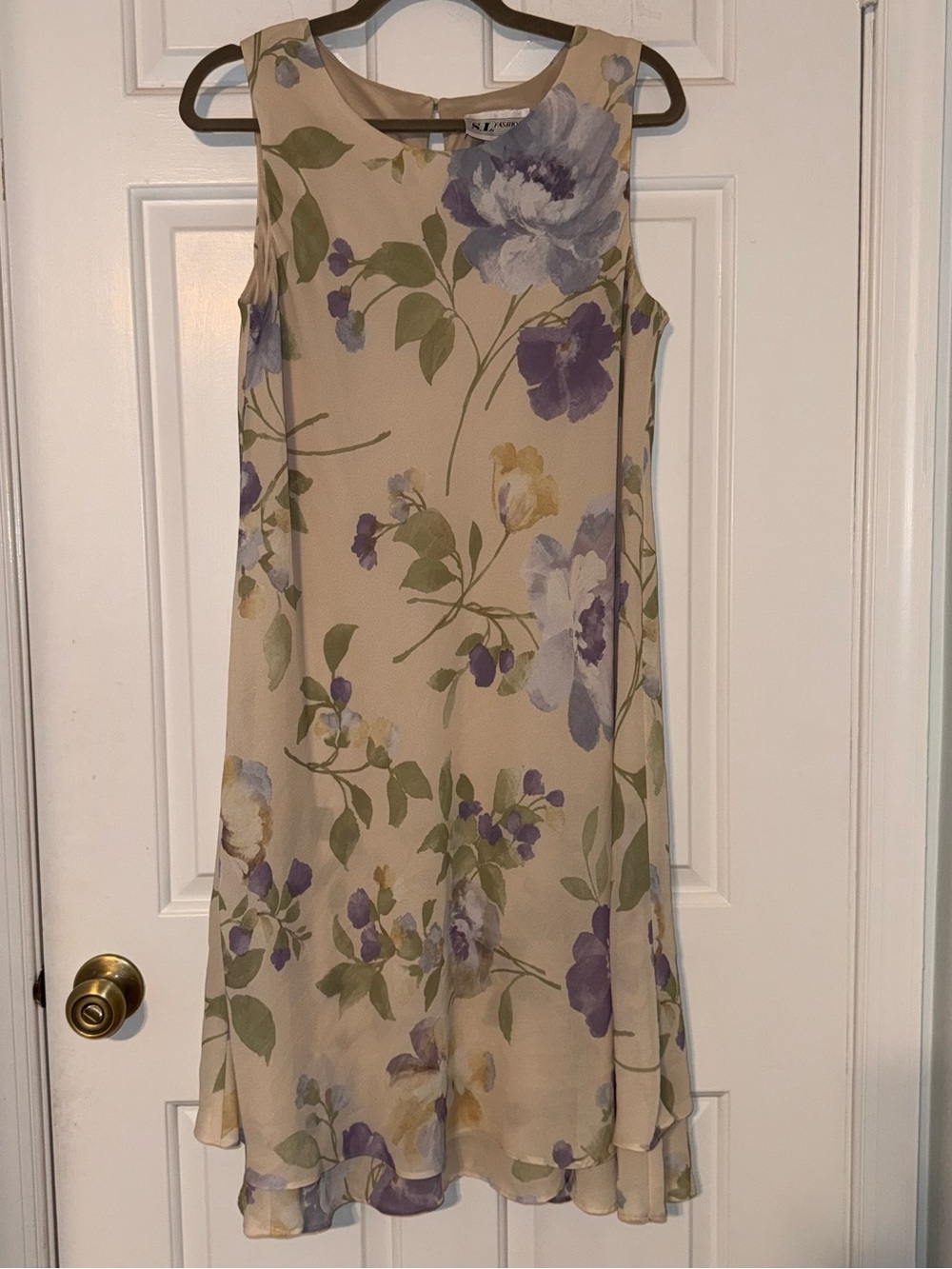 S.L. Fashions vintage vtg Beige tiered Midi Dress Purple Floral Print 14